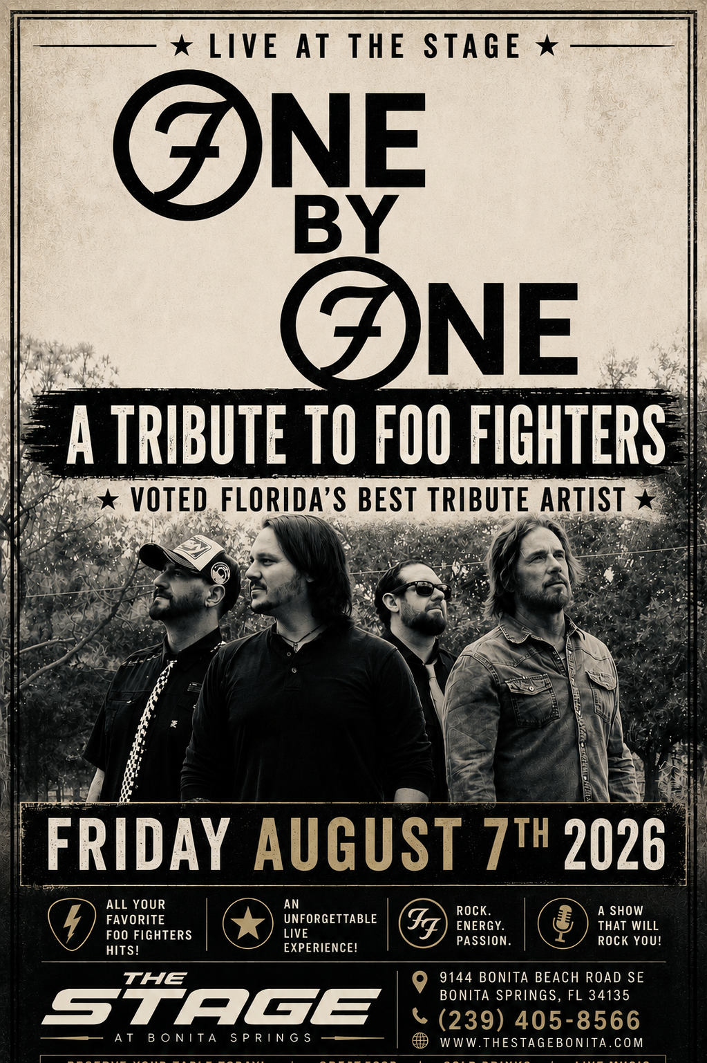 Black-and-white concert poster for One by One, a Foo Fighters tribute band, at The Stage on Friday, August 7, 2026.