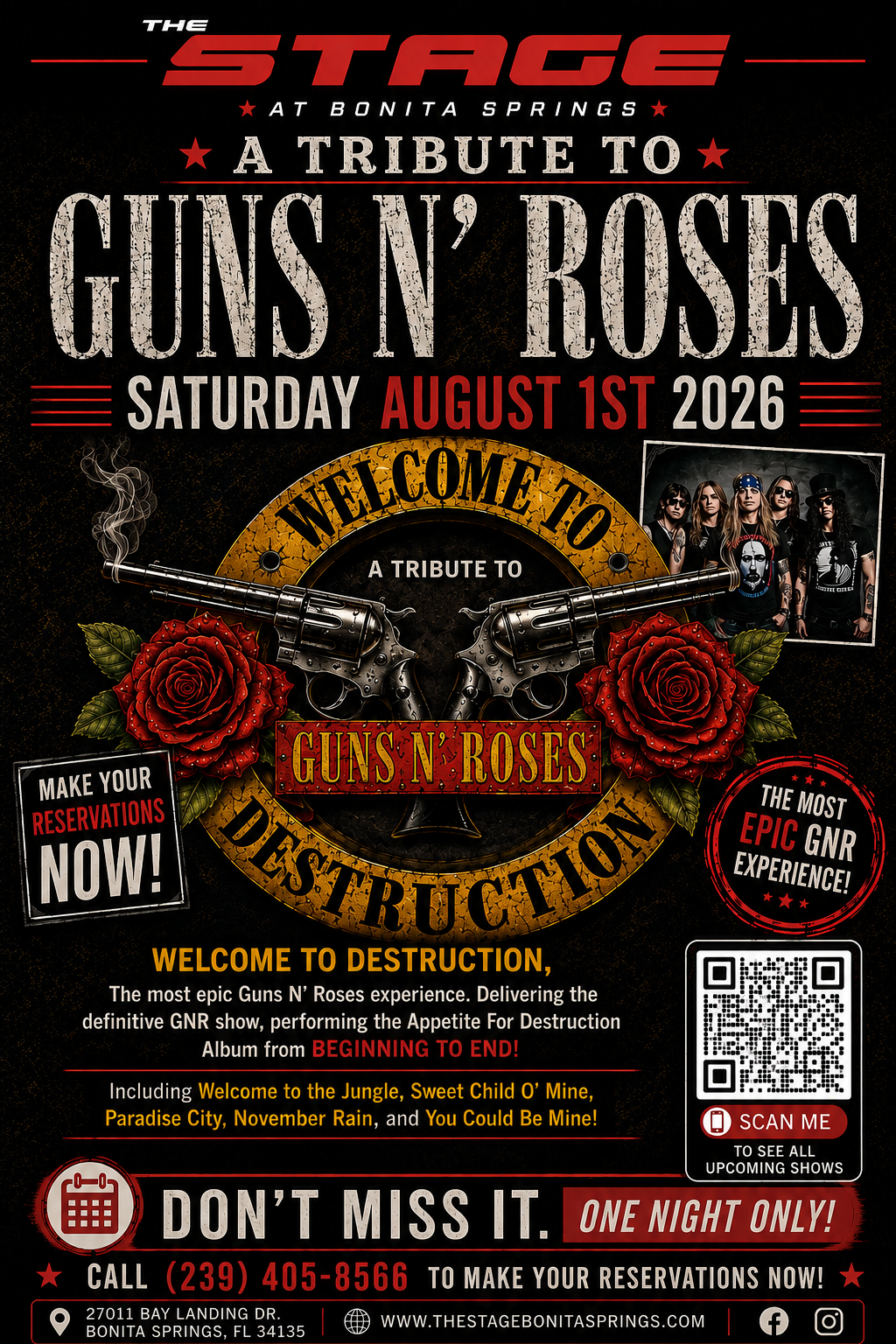 Tribute to Guns N’ Roses concert poster with roses, skull, guitars, and August 1, 2026 date