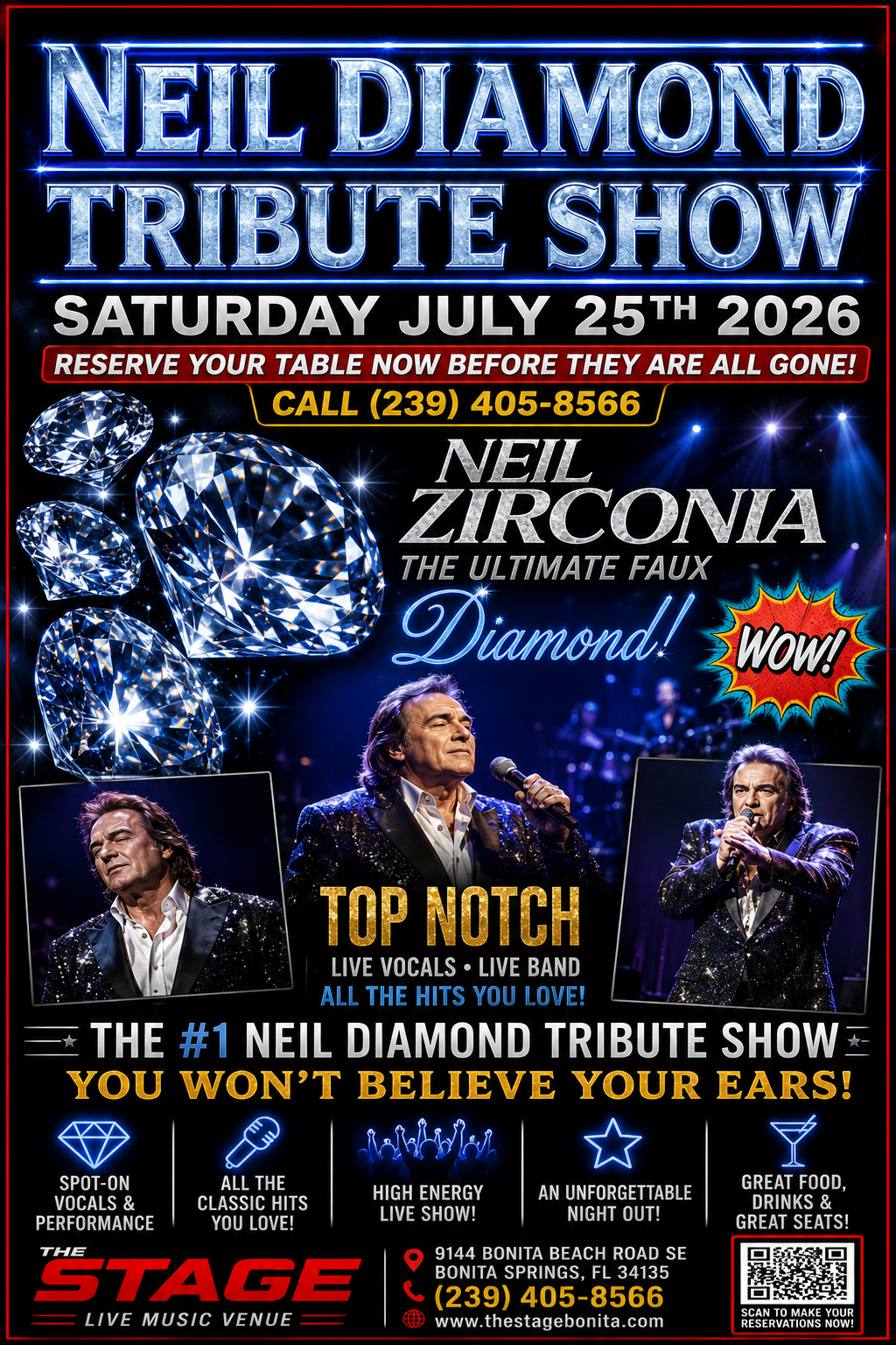Neil Diamond tribute show poster with fireworks, singer photos, and July 25, 2026 date details
