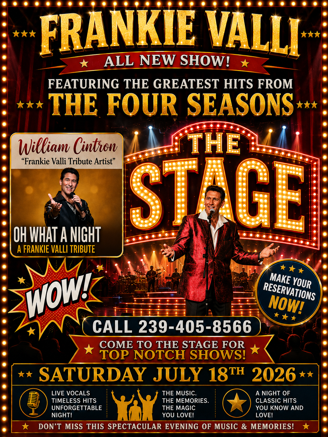 Frankie Valli and The Four Seasons concert poster, red background, Saturday July 17th 2026 at The Stage