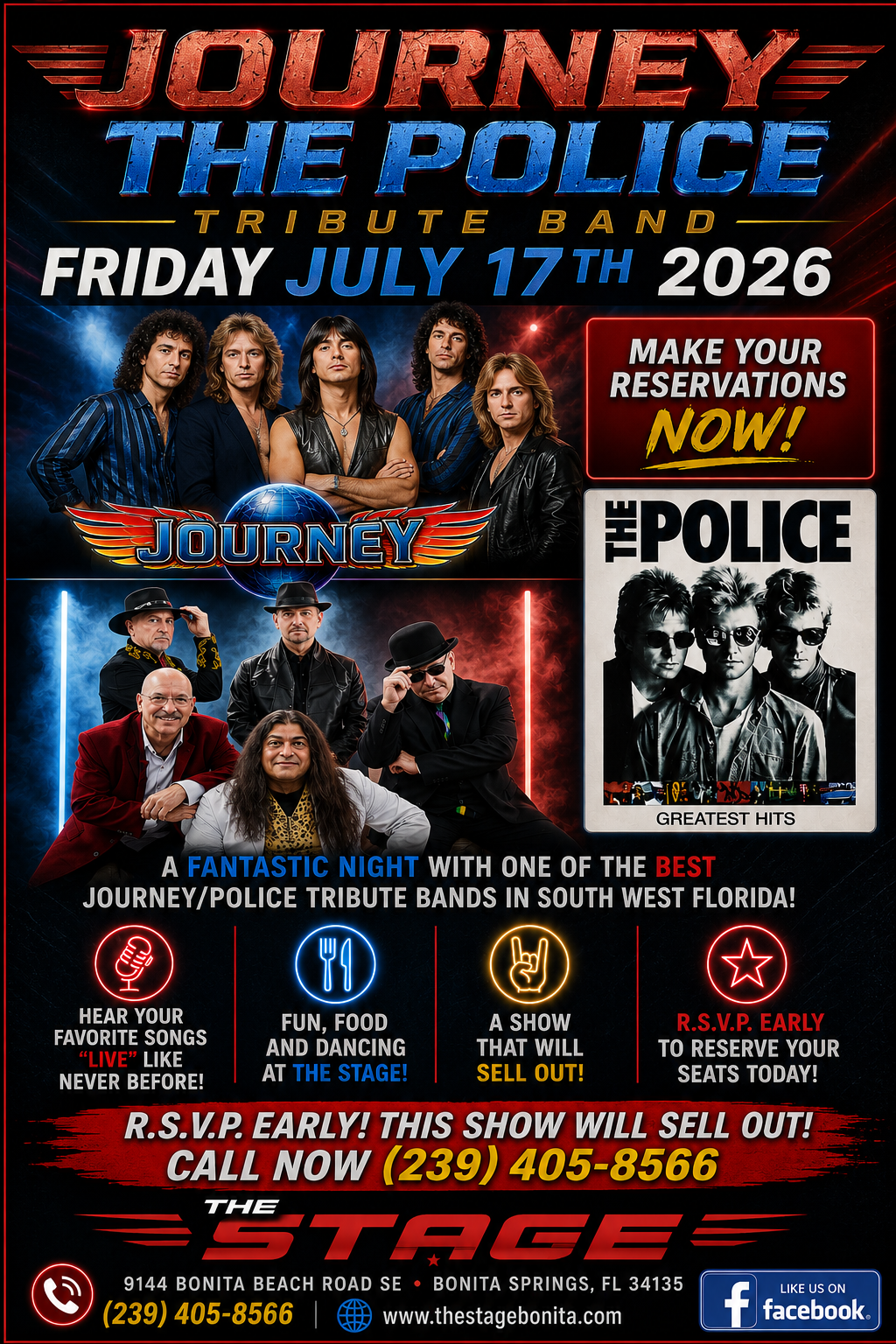 Journey tribute band concert poster for Friday July 17th, 2026, with The Police tribute photo and RSVP details