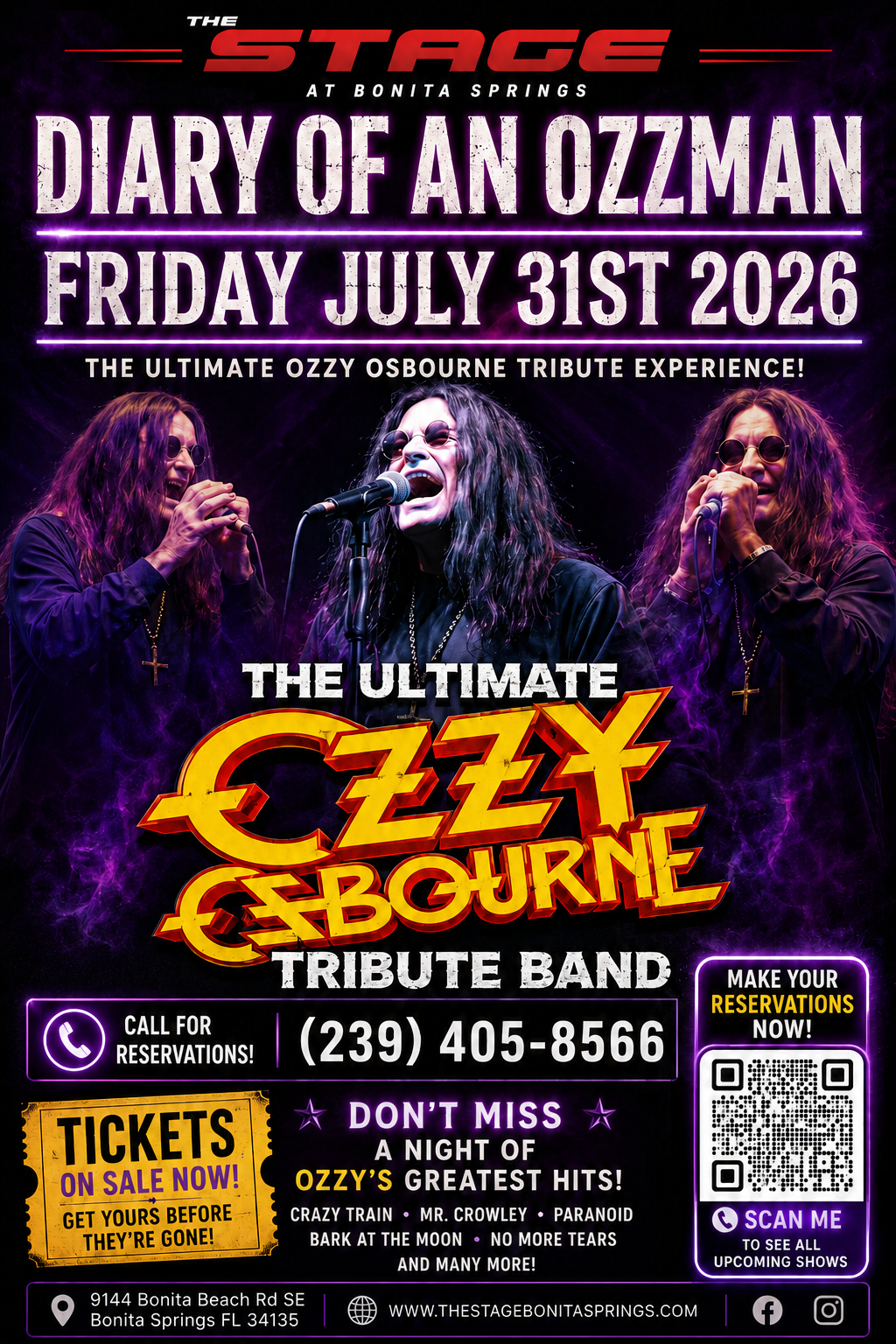 Diary of an Ozzman tribute concert poster, Friday July 31st 2026, with neon band art and ticket info
