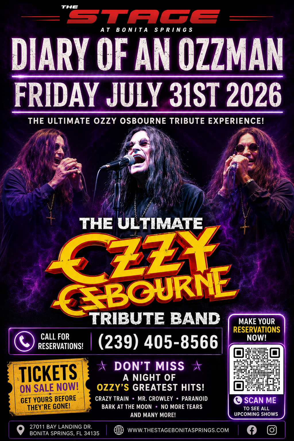 Diary of an Ozzman tribute concert poster, Friday July 31st 2026, with neon band art and ticket info