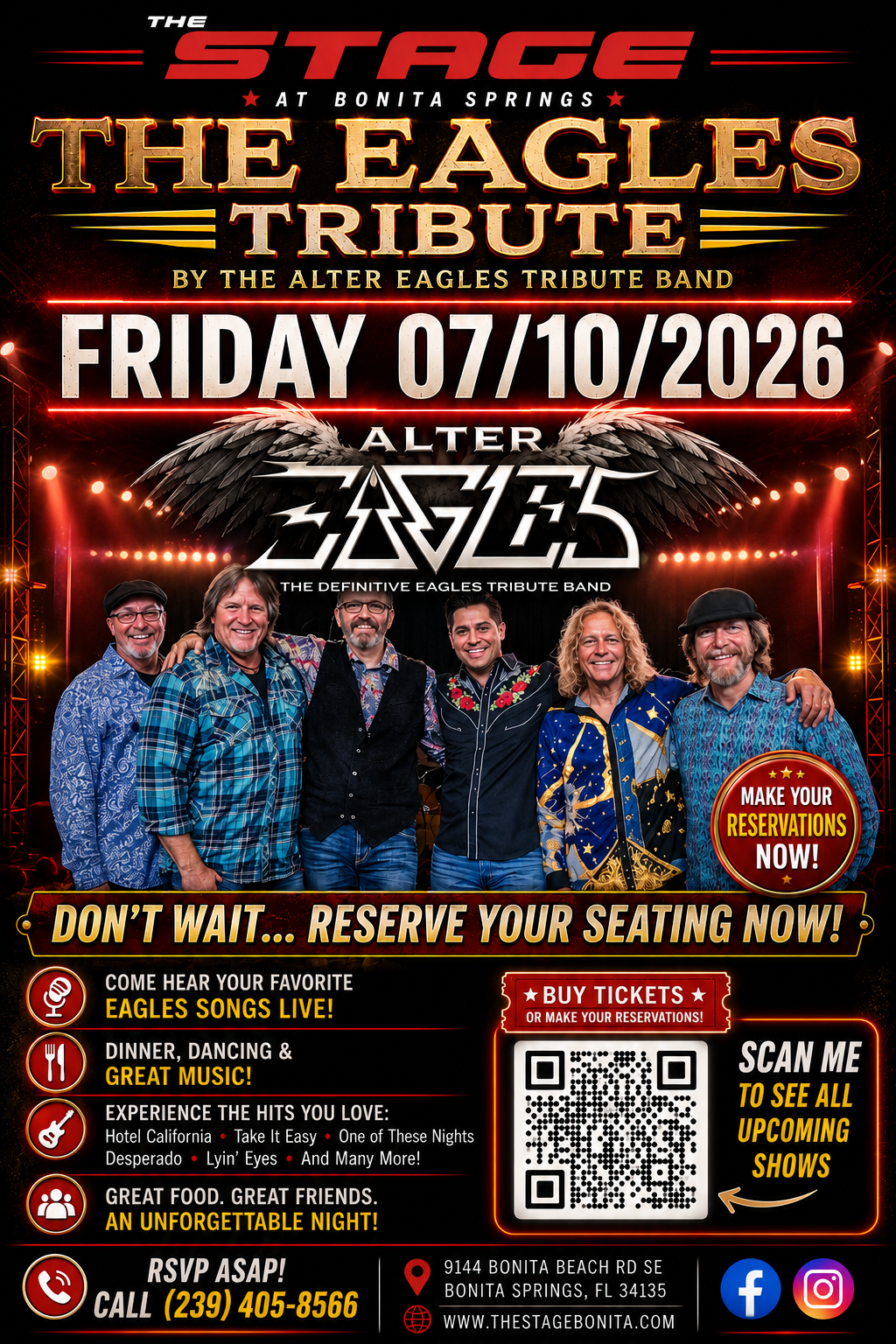 Concert flyer for The Eagles Tribute by The Alter Eagles, Friday July 10th 2026, with band photo and event details