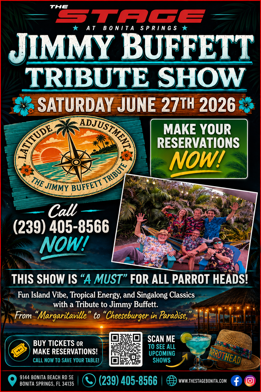 Jimmy Buffett tribute show poster with tropical sunset, palm tree, compass, and event date.