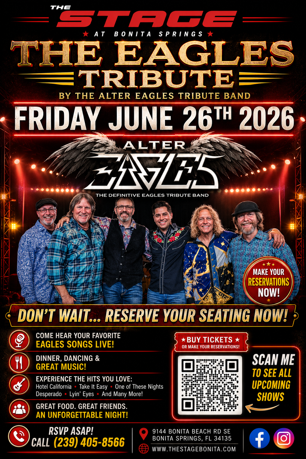 The Eagles Tribute poster for Friday June 26th 2026, with band photo and concert details.
