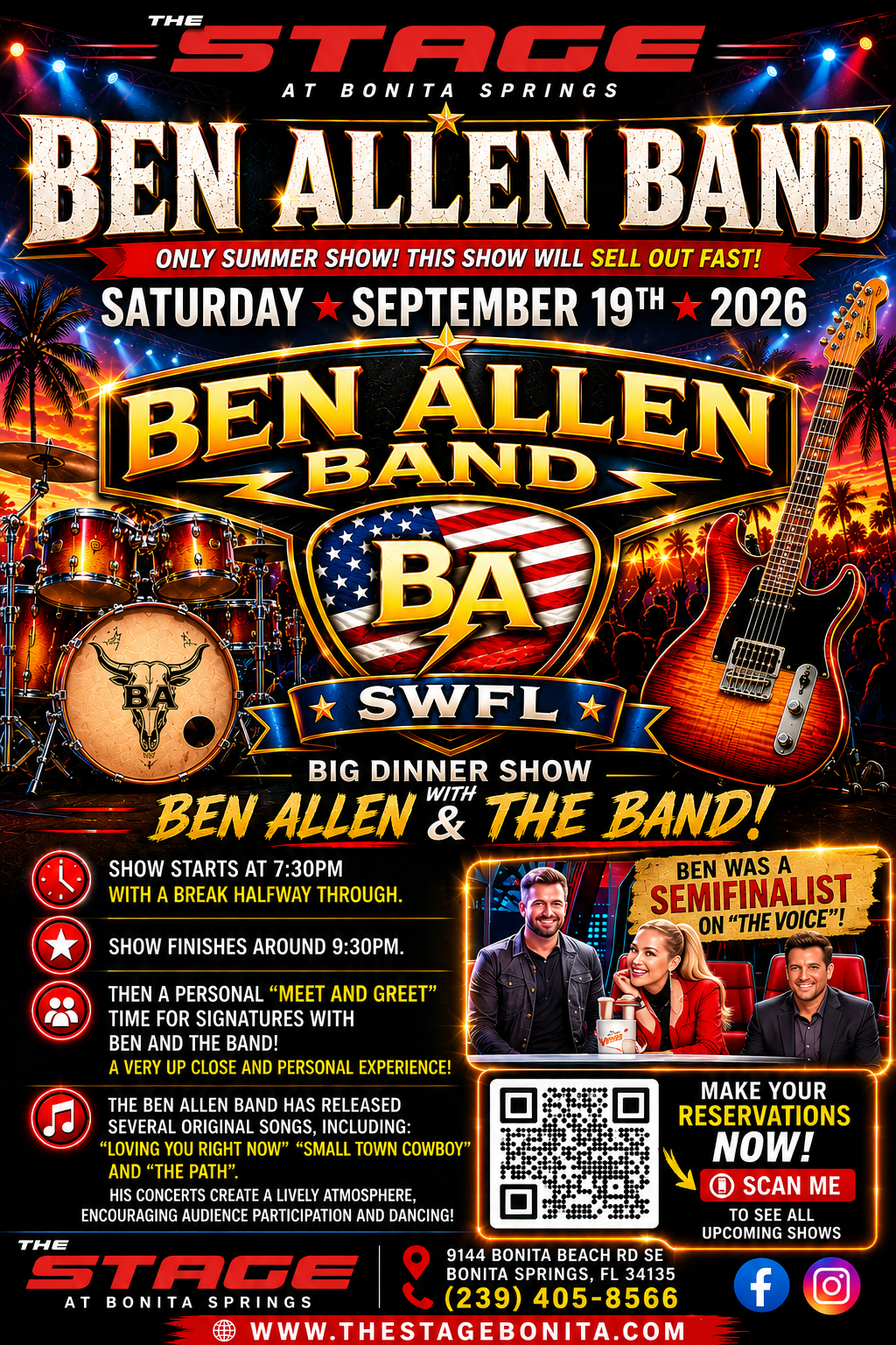 Ben Allen Band concert poster with fiery guitar art, Friday Sept. 18th 2026, SWFL show details