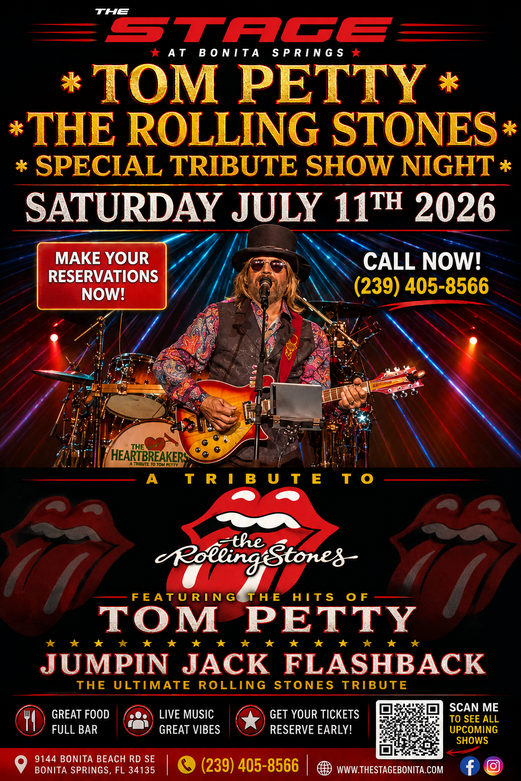 Tom Petty and The Rolling Stones tribute show poster, Saturday July 11, 2026, red-and-black concert design