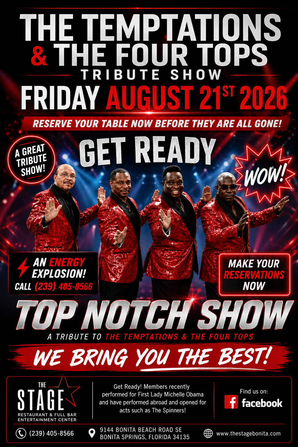 Poster for “The Temptations & The Four Tops Tribute Show,” Friday August 21st 2020, with three performers in red suits.