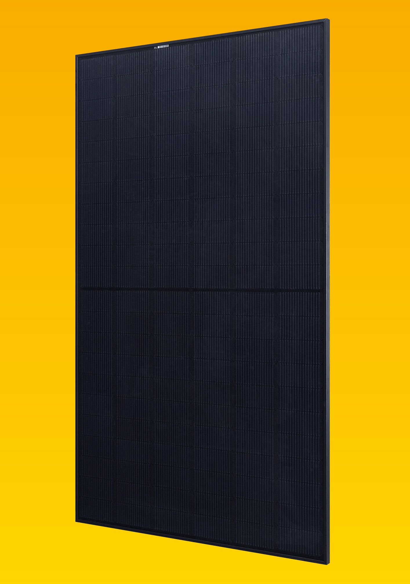 Black solar panel against a yellow background, angled slightly.