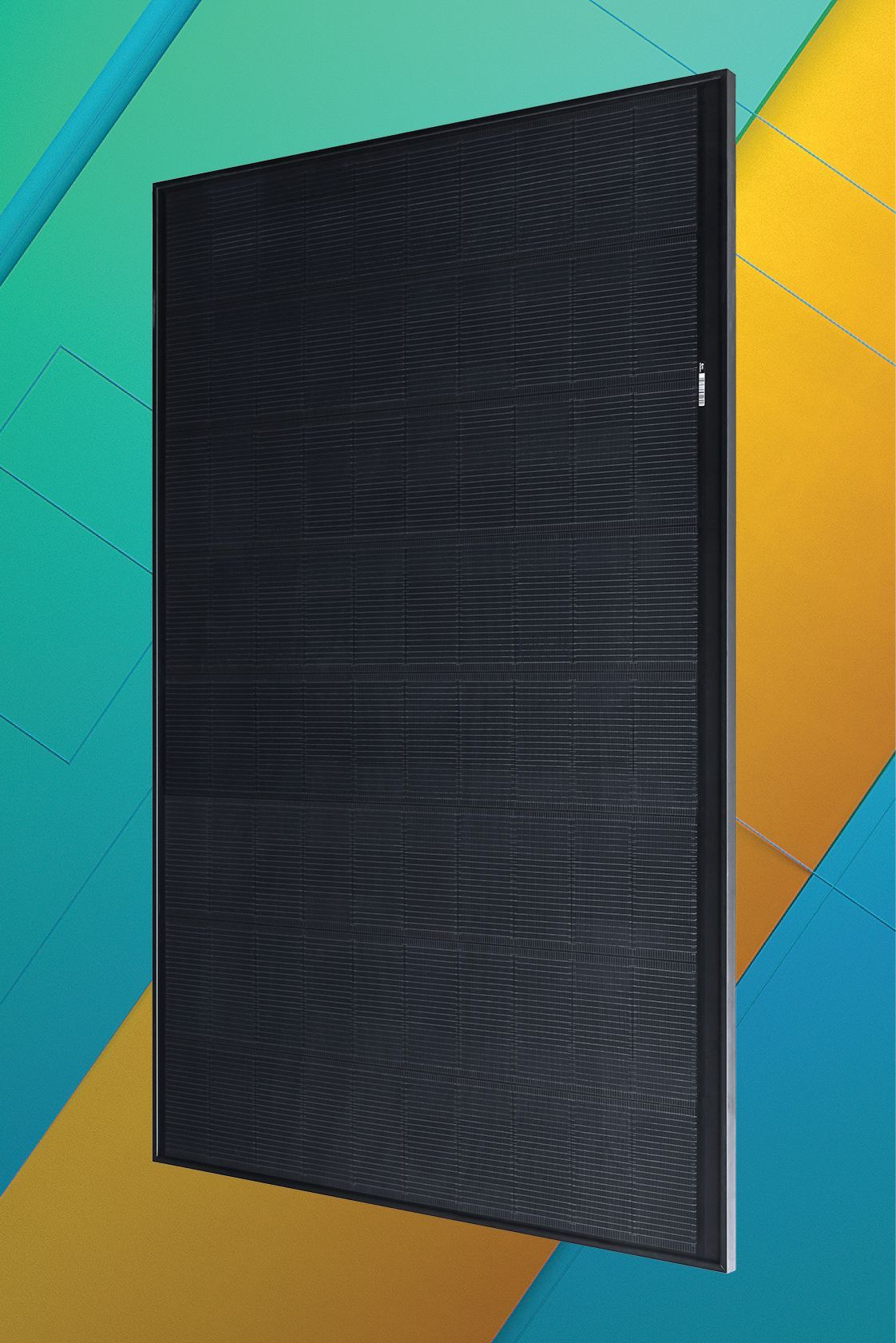 Black solar panel against yellow and blue abstract background.