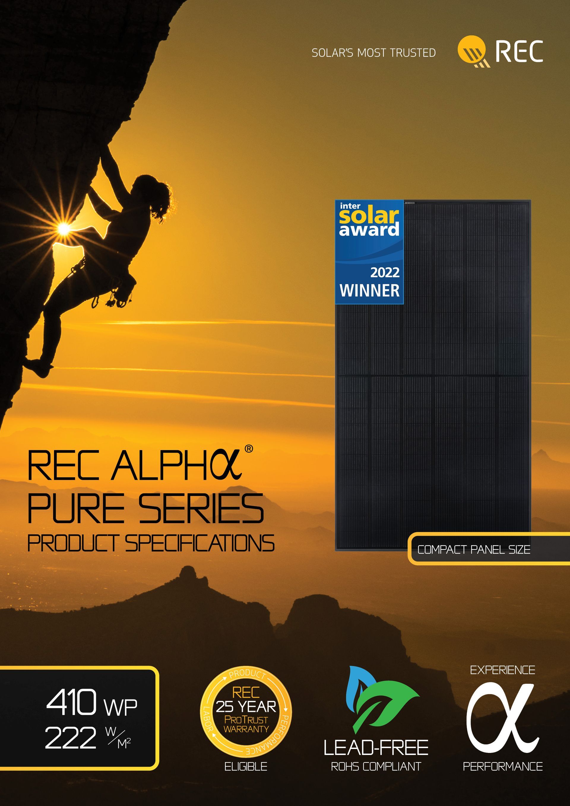 Solar panel advertisement featuring a climber reaching for the sun, REC Alpha Pure Series, 410 Wp.
