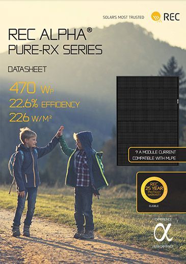 Datasheet for REC Alpha Pure-RX series solar panels. Two children high-five. Black panel graphic.
