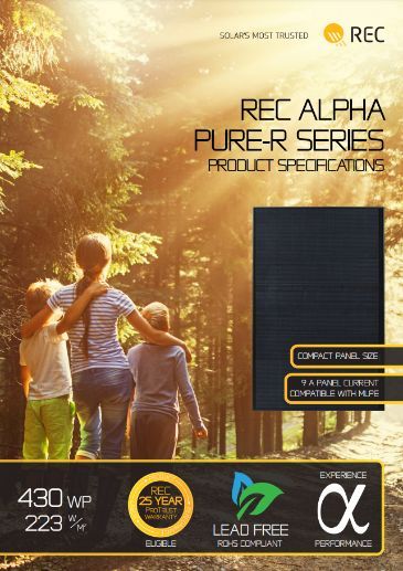 Solar panel specifications, with family, forest background and product details.