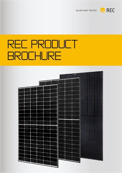 REC Product Brochure cover featuring three black solar panels against a grey background. Yellow bar at top.