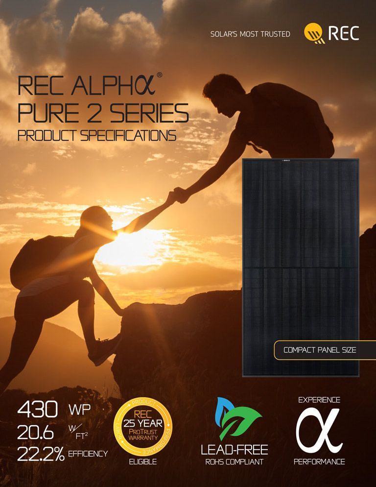 Solar panel ad: Two figures helping each other climb, panel graphic, product specs (430W, 22.2% efficiency), REC logo.