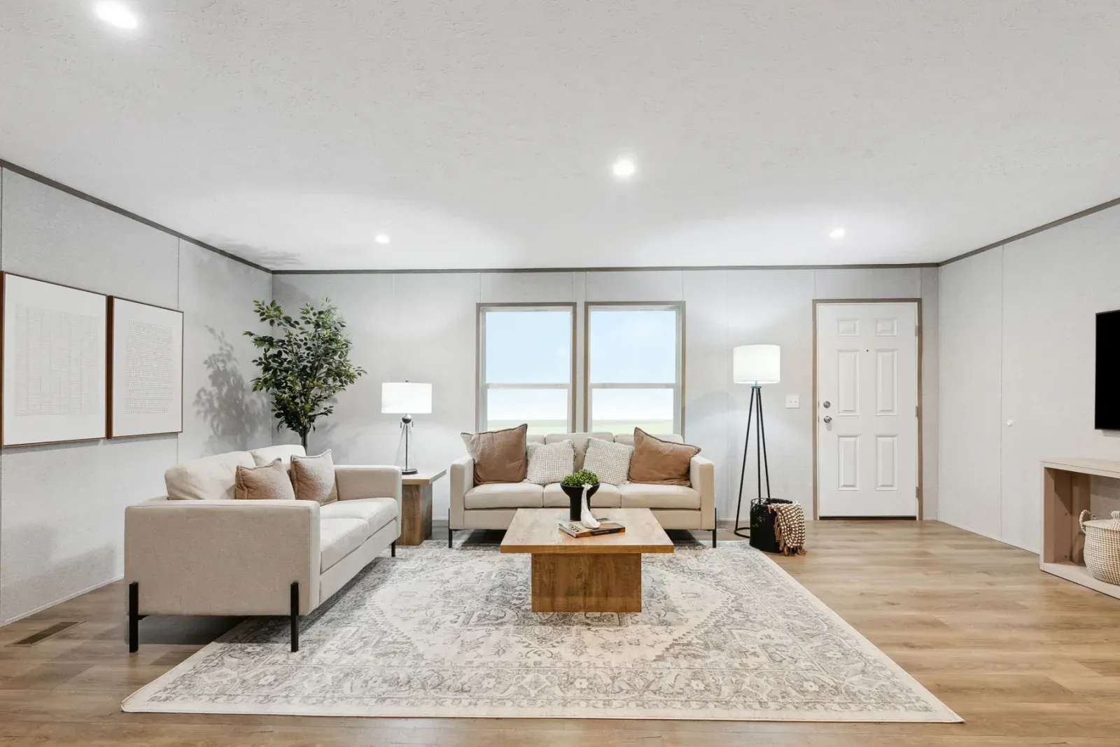 Living room with neutral furniture, rug, and natural light.