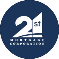 Logo for 21st Mortgage Corporation, a blue circle with white text and a stylized 