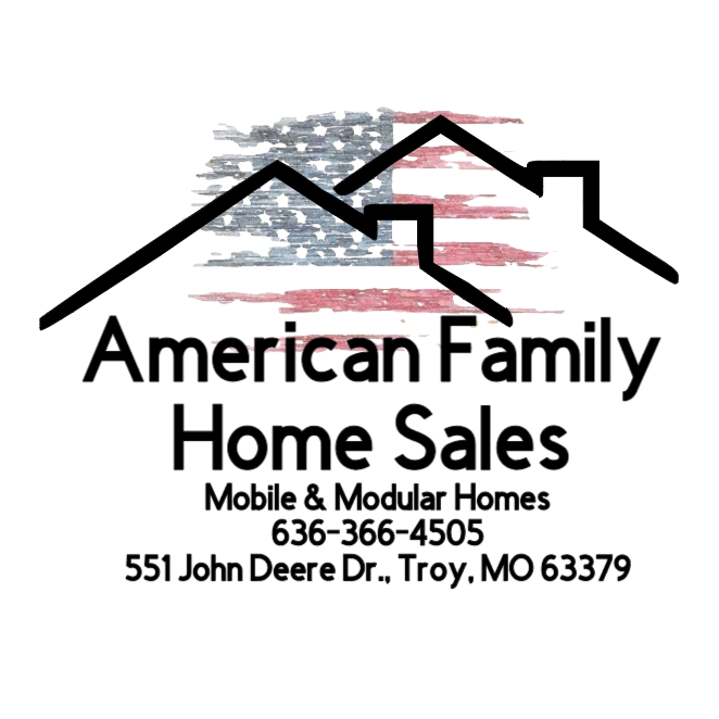 Logo for American Family Home Sales. Contains American flag within a house outline. Includes contact information.