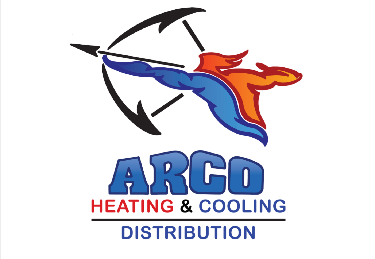 Logo for Arco Heating & Cooling Distribution: Archer drawing bow, company name below.