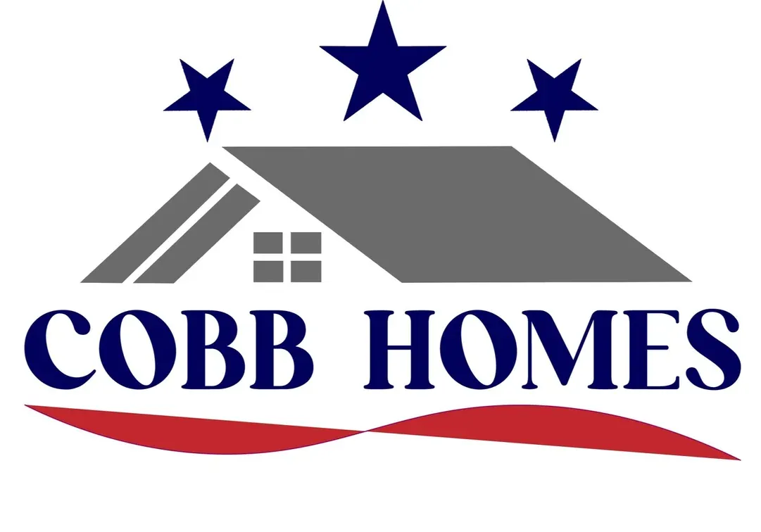 Logo for Cobb Homes with roof and blue stars; red and blue wave at bottom.