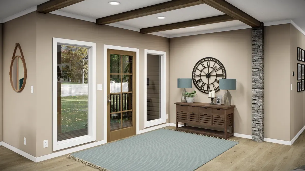 Beige-walled entryway with wooden beams, rug, doors, and a decorative clock.