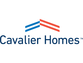 Logo for Cavalier Homes, blue and red roof symbol over company name.