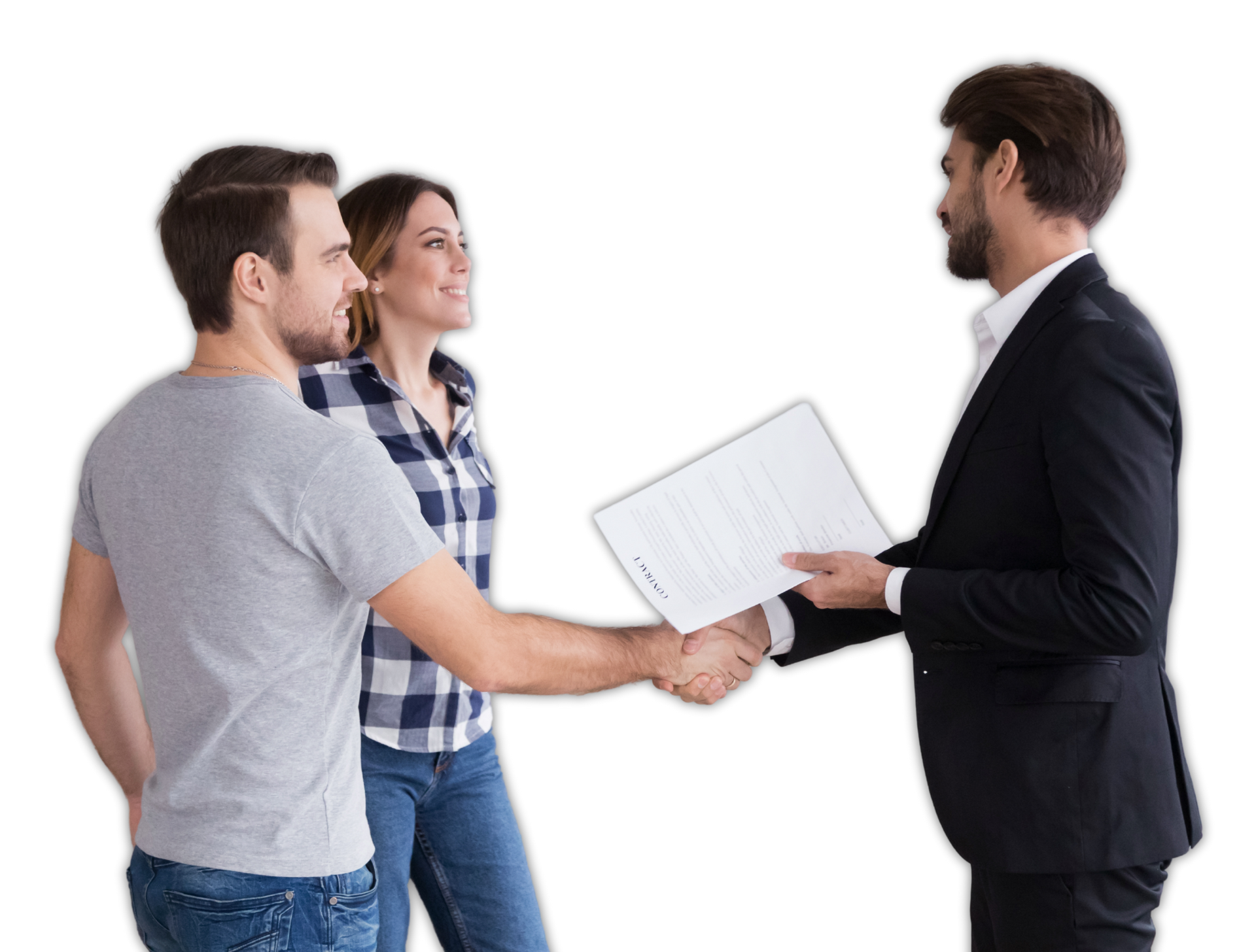 Couple shaking hands with a person holding a document. They're likely in a business setting,