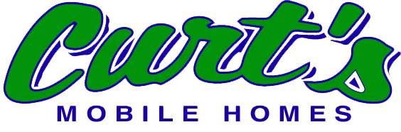 Logo for Curt's Mobile Homes in green cursive font with a blue outline and the words 