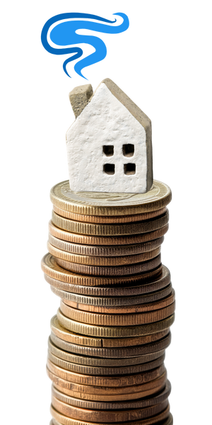 A tiny house model on top of a stack of coins, symbolizing housing costs.
