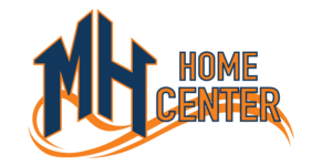 Logo for MH Home Center. Dark blue 