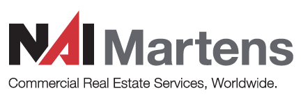 Logo of NAI Martens, a commercial real estate company. Includes NAI text in black and red, with Martens in gray and tagline.