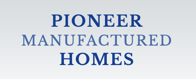 Logo for Pioneer Manufactured Homes: blue text on a light blue gradient background.