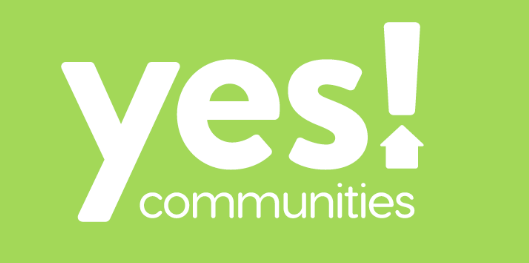 Logo of Yes! Communities in white on a green background. The exclamation point has a small house symbol.