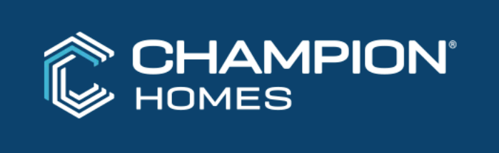 Champion Homes logo on a blue background. The logo features a geometric shape and text.