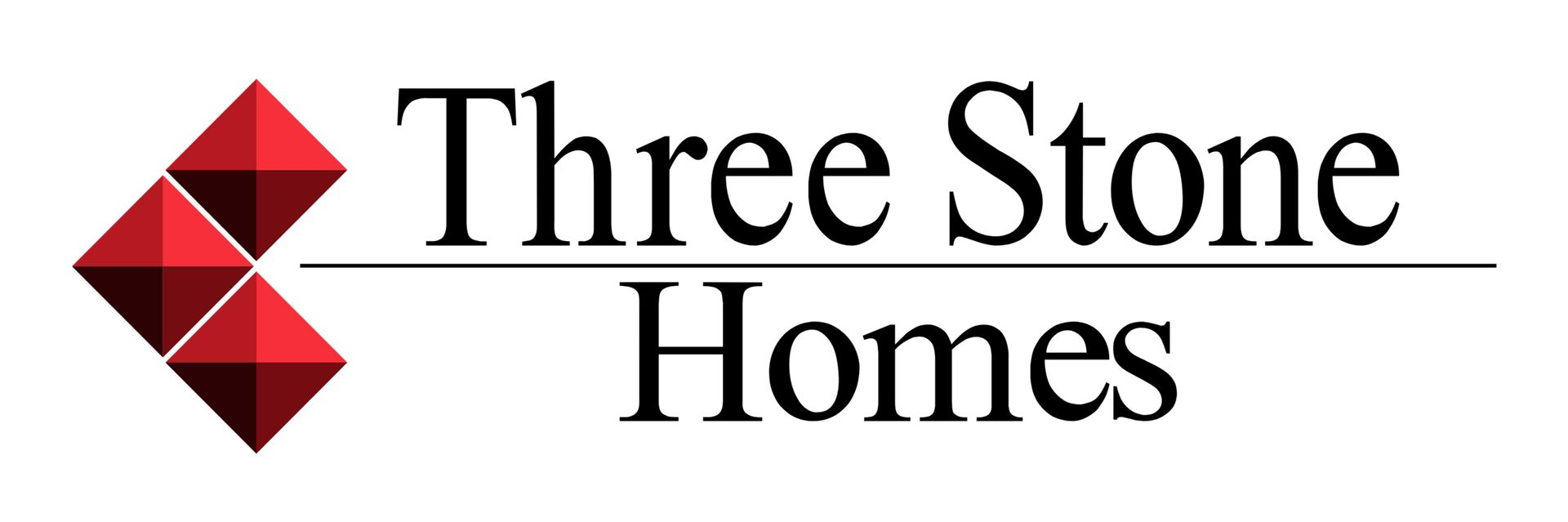 Logo for Three Stone Homes, featuring red geometric shapes and text on a dark background.