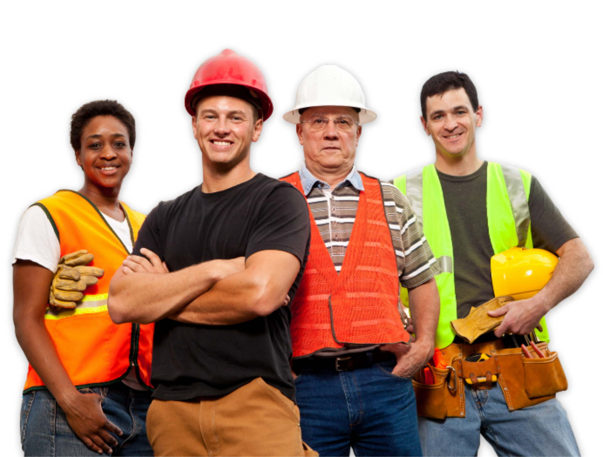 Four construction workers in safety vests and hard hats, smiling and posing for a photo.
