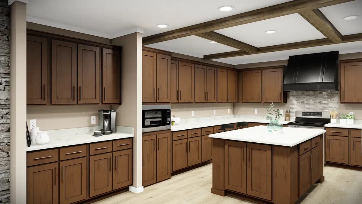 Brown kitchen with island, cabinets, white countertops, and a black range hood.