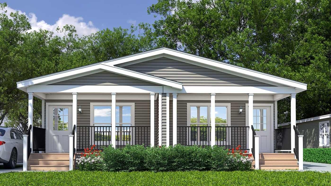 Two gray duplex homes with porches and black railings.