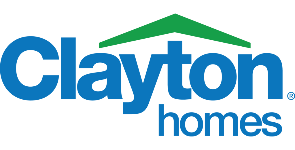 Clayton Homes logo: Blue text with green roof graphic, 