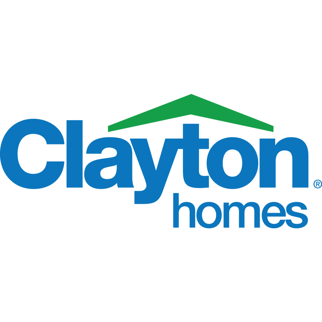 Clayton Homes logo: Blue text with green roof graphic, 