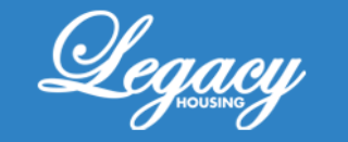 Legacy Housing logo with white script on a blue background.