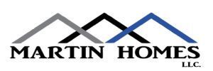 Logo for Martin Homes LLC with three overlapping house roof shapes in gray, black and blue.