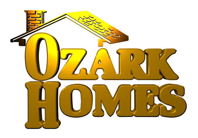 Ozark Homes logo: Gold text with a roof icon, on a white background.