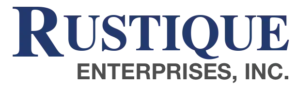 Logo for Rustique Enterprises, Inc. in navy blue lettering on white background.
