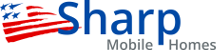 Logo for Sharp Mobile Homes; blue text and a stylized American flag.