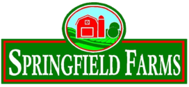 Logo for Springfield Farms featuring a barn and tree within a green oval and the farm's name on a green banner.