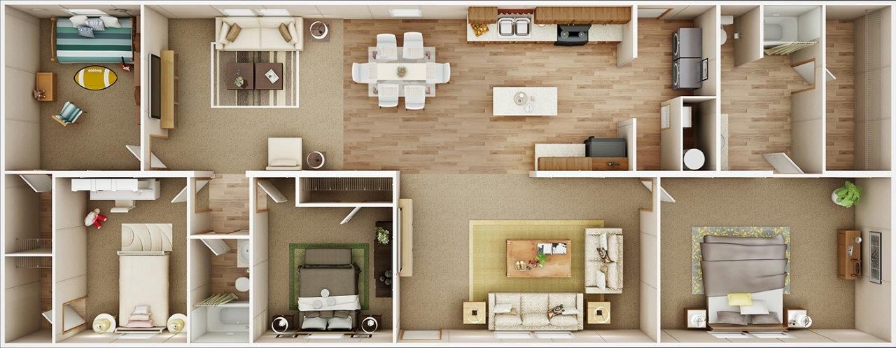 Top-down view of a house floor plan with rooms: bedrooms, kitchen, living room, dining area, and bathrooms.