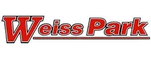 Weiss Park logo in red, outlined in white and black, with a brown line underneath.