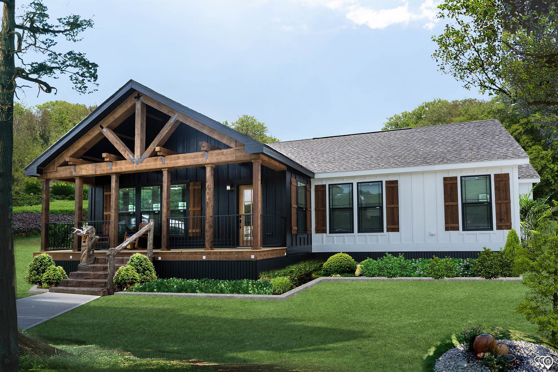 Cottage-style home with black screened porch and white exterior, brown shutters, set in a green yard with landscaping.